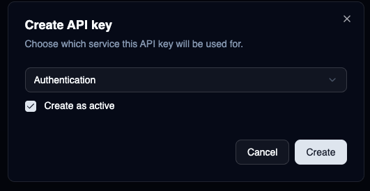 Create API key 弹窗，服务类型下拉已展开